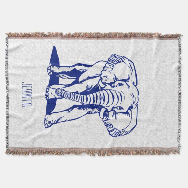 Monogramed Cute Navy Blue Elephant Line Drawing Throw Blanket (Front)