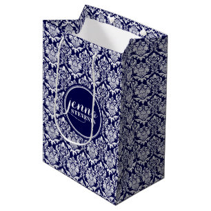 Monogramed Dark Blue & White Vintage Damasks 3 Medium Gift Bag