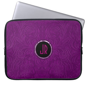 Monogramed Deep Purple Suede Leather Floral Design Laptop Sleeve