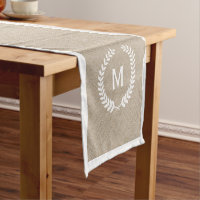 Monogramed Elegant Beige Faux Linen & White Wreath