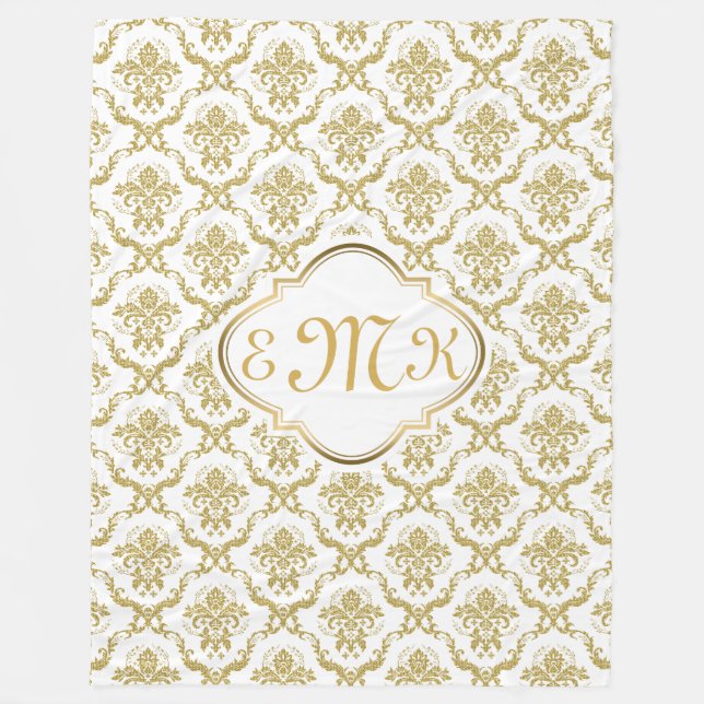 Monogramed Elegant White & Gold Floral Damasks Fleece Blanket (Front)