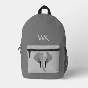Monogramed Elephant Head Design Grey Printed Backpack