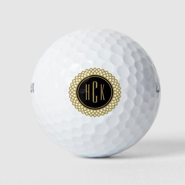 Monogramed  Gold And Black Circle Frame Golf Balls (Front)