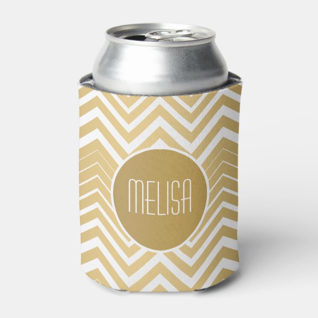Monogramed Gold And White Zigzag Chevron Can Cooler (Can Front)