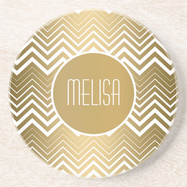 Monogramed Gold And White Zigzag Chevron Coaster (Front)