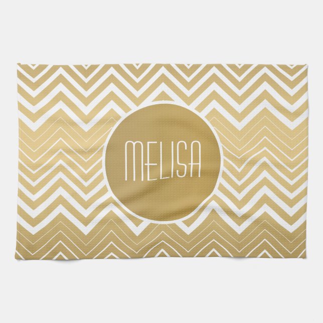 Monogramed Gold And White Zigzag Chevron Tea Towel (Horizontal)
