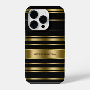 Monogramed Gold & Black Stripes Pattern iPhone 14 Pro Case