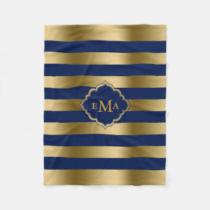 Monogramed Gold & Blue Stripes Geometric Pattern Fleece Blanket
