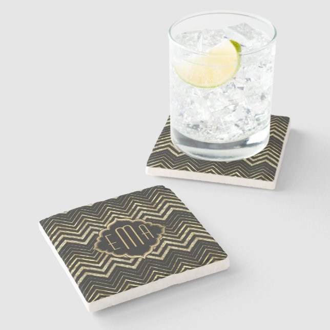 Monogramed Gold Glitter & Zigzag Chevron Pattern Stone Coaster (Side)