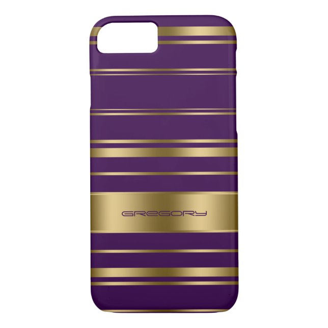 Monogramed Gold & Purple Stripes Pattern Case-Mate iPhone Case (Back)