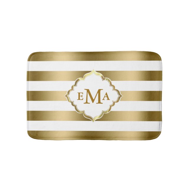 Monogramed Gold Stripes Geometric Pattern Bath Mat (Front)