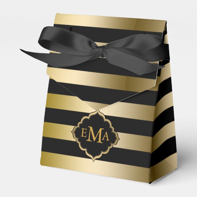 Monogramed Gold Stripes Geometric Pattern Favour Box (Front Side)