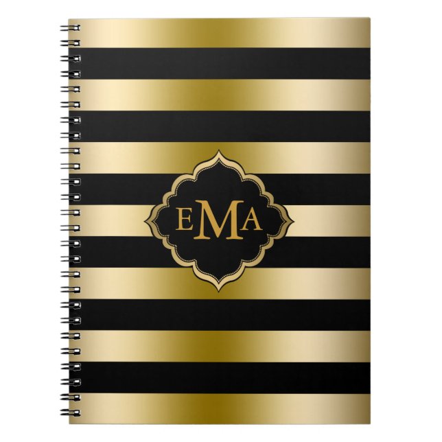 Monogramed Gold Stripes Geometric Pattern Spiral Notebook (Front)