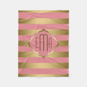Monogramed Gold Stripes & Pink Geometric Pattern Fleece Blanket