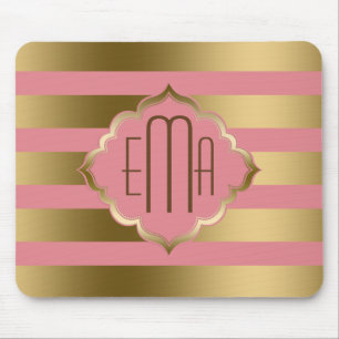 Monogramed Gold Stripes & Pink Geometric Pattern Mouse Pad