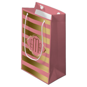 Monogramed Gold Stripes & Pink Geometric Pattern Small Gift Bag