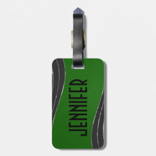 Monogramed Grey And Green Leather 2 Silver Accents Luggage Tag