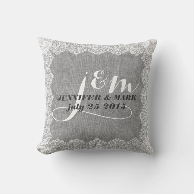 Monogramed Grey Linen & White Lace Wedding Pillow (Front)