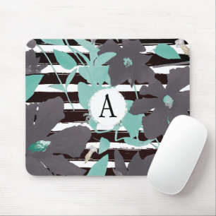 Monogramed Grey Mint Floral Stripe Design Mouse Pad