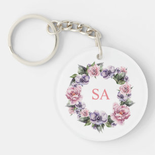 Monogramed Hand-Painted Garlands of Flowers Key Ring