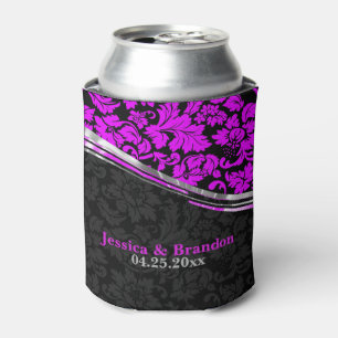 Monogramed Hot Pink & Black Damasks Silver Accents Can Cooler