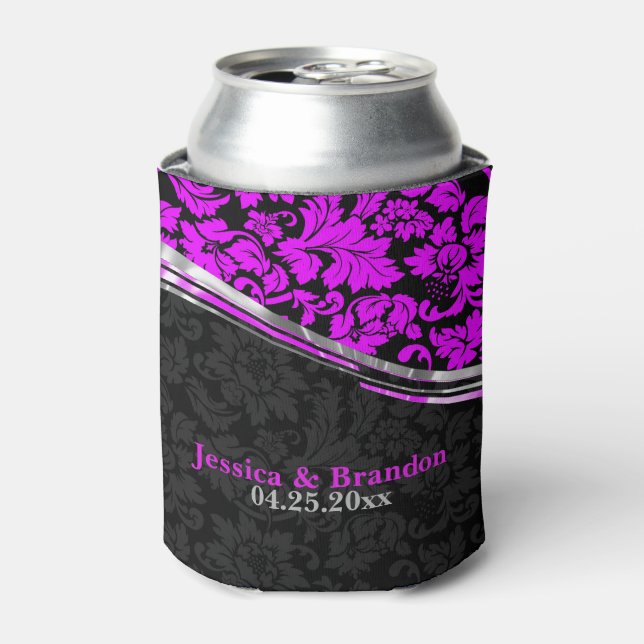 Monogramed Hot Pink & Black Damasks Silver Accents Can Cooler (Can Front)