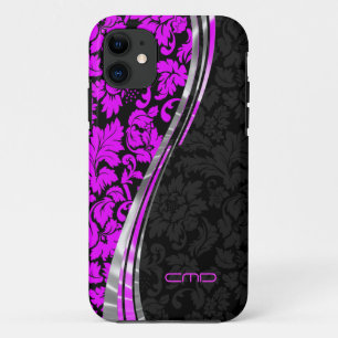 Monogramed Hot Pink & Black Damasks Silver Accents Case-Mate iPhone Case