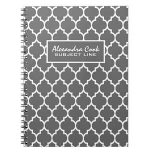 Monogramed Light Grey & White Quatrefoil Pattern Spiral Notebook