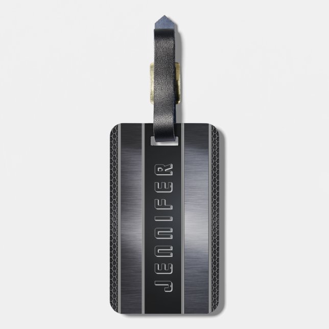 Monogramed Masculine Metallic Silver Grey & Black Luggage Tag (Back Vertical)