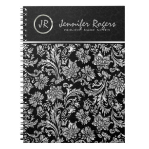 Monogramed Metallic Silver & Black Floral Damasks Spiral Notebook