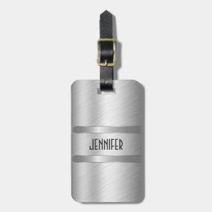 Monogramed Metallic Silver Brushed Aluminium Look Luggage Tag
