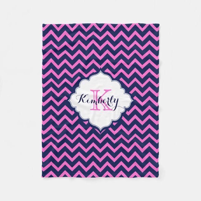 Monogramed Navy-Blue And Pink Zigzag Chevron Fleece Blanket (Front)