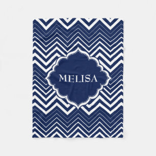 Monogramed Navy Blue And White Zigzag Chevron Fleece Blanket