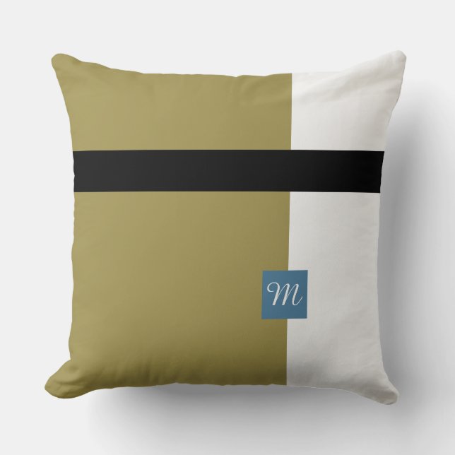 Monogramed Olive Green Colour Blocked Cushion (Front)