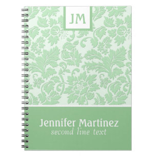 Monogramed Pastel Green Monochromatic  Damask Spiral Notebook