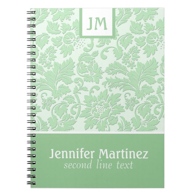 Monogramed Pastel Green Monochromatic  Damask Spiral Notebook (Front)
