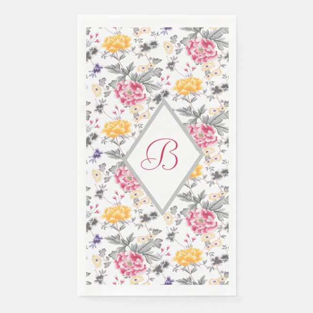 Monogramed Pink And Yellow Roses Paper Napkin (Front)