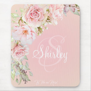 Monogramed Pink Roses “La Vie en Rose” Mouse Pad