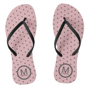 Monogramed Polka Dots Pink Grey Flip Flops