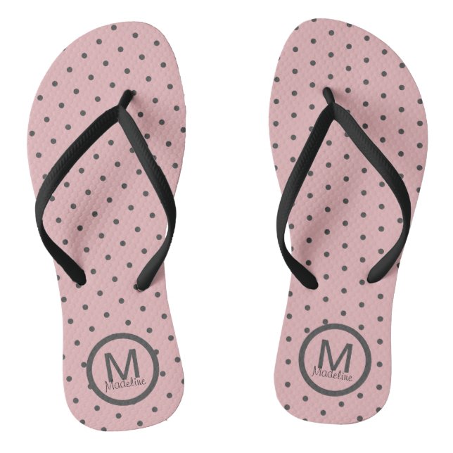 Monogramed Polka Dots Pink Grey Flip Flops (Footbed)