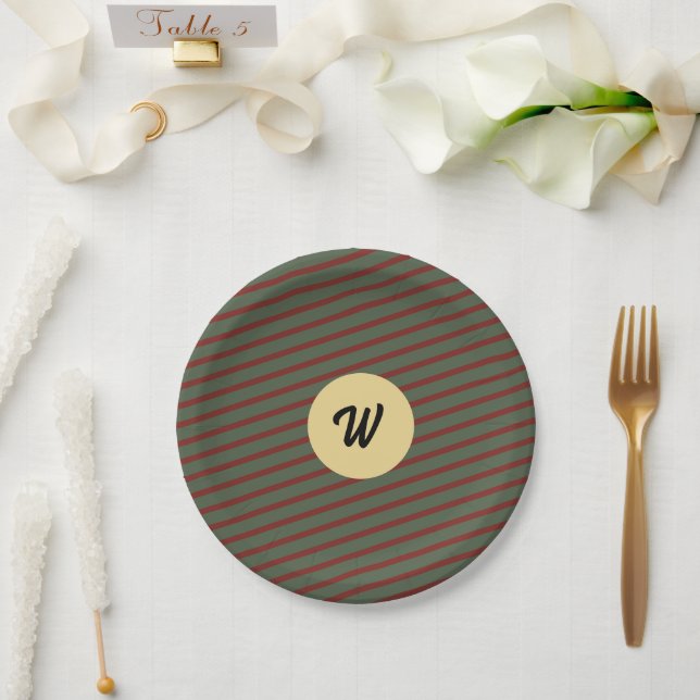 monogramed Red and green Stripped pattern Paper Plate (Wedding)