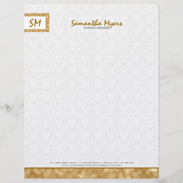 Monogramed Simple Gold Glitter White Damasks Personalized Letterhead (Front)