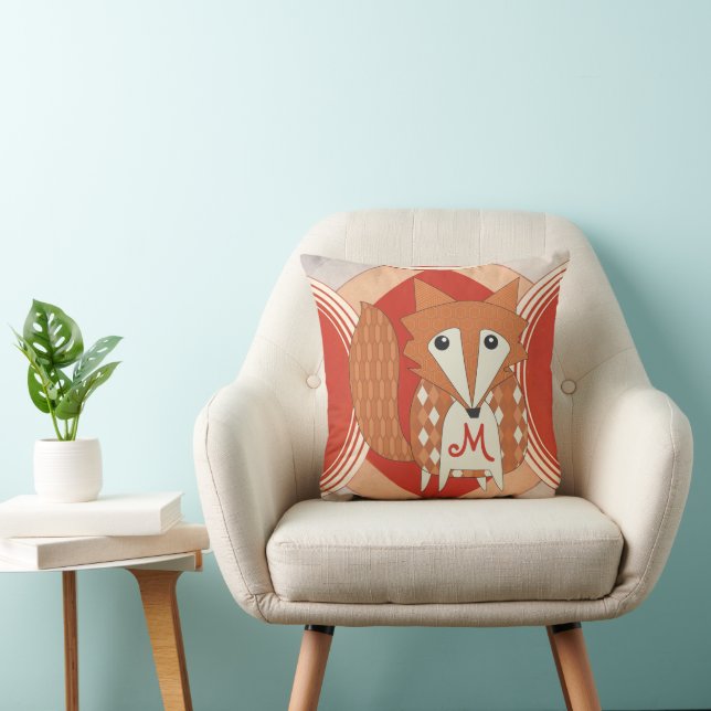 Monogramed Stylised Retro Orange Red Fox Pillow (Chair)