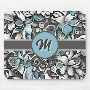 Monogramed Teal Grey Abstract Mouse Pad