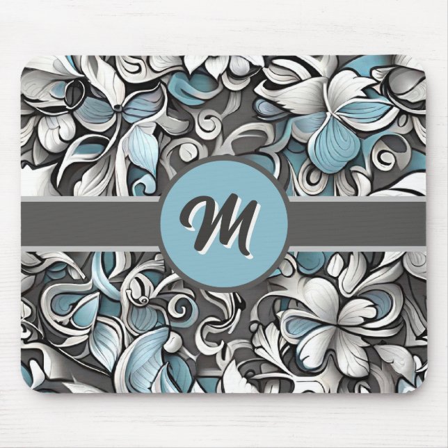 Monogramed Teal Grey Abstract  Mouse Pad (Front)