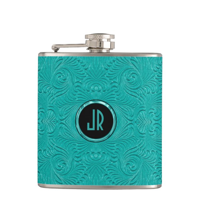 Monogramed Turquoise Embossed Floral Damasks Hip Flask (Front)