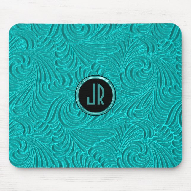 Monogramed Turquoise Embossed Floral Damasks Mouse Pad (Front)