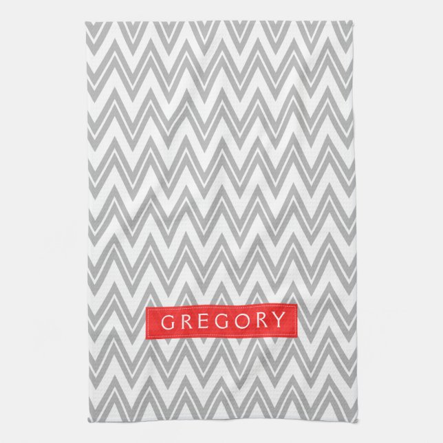 Monogramed White And Grey Chevron Pattern 3 Tea Towel (Vertical)