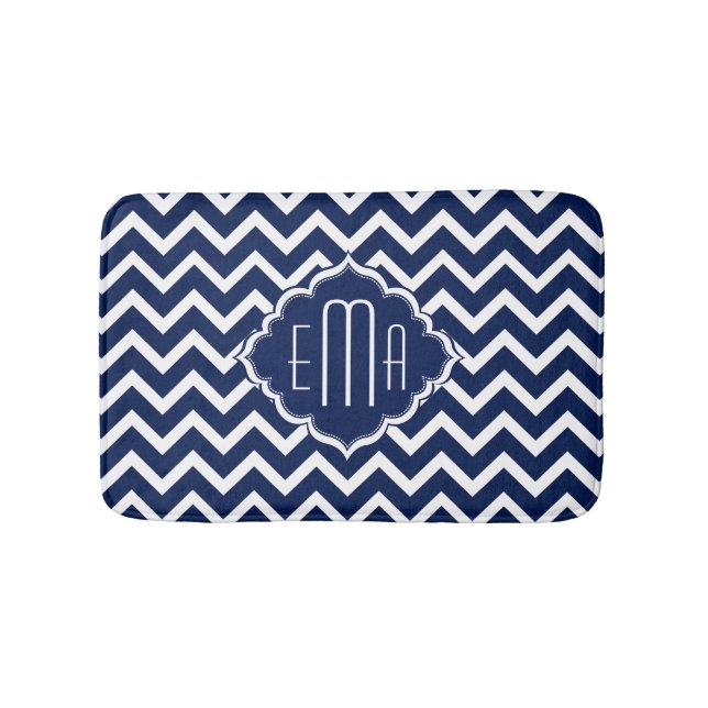 Monogramed White & Blue Geometric Zigzag Chevron Bath Mat (Front)