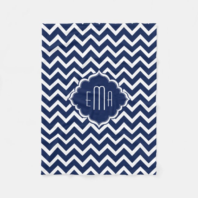 Monogramed White & Blue Geometric Zigzag Chevron Fleece Blanket (Front)